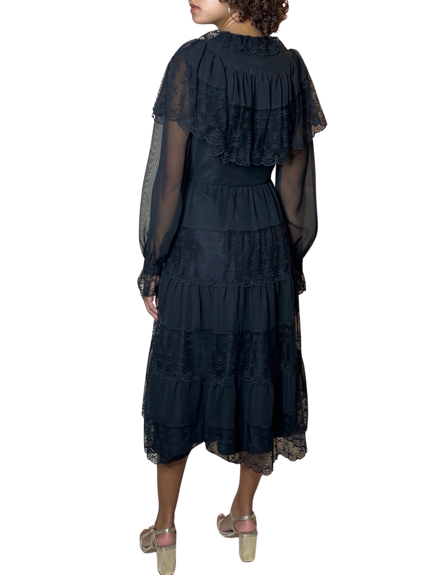 Original 1970's Vintage Black Sheer & Lace Dress UK 12 - 14