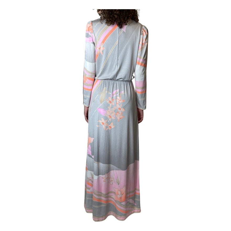1970's Original Vintage Grey Leonard Floral Maxi Dress UK 10 -12