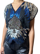 Original 1970's Vintage Black / Silver / Blue Sequinned Top UK 8 - 12