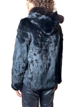 Original 1970's Vintage Black Fur Hooded Coat UK 8 - 12