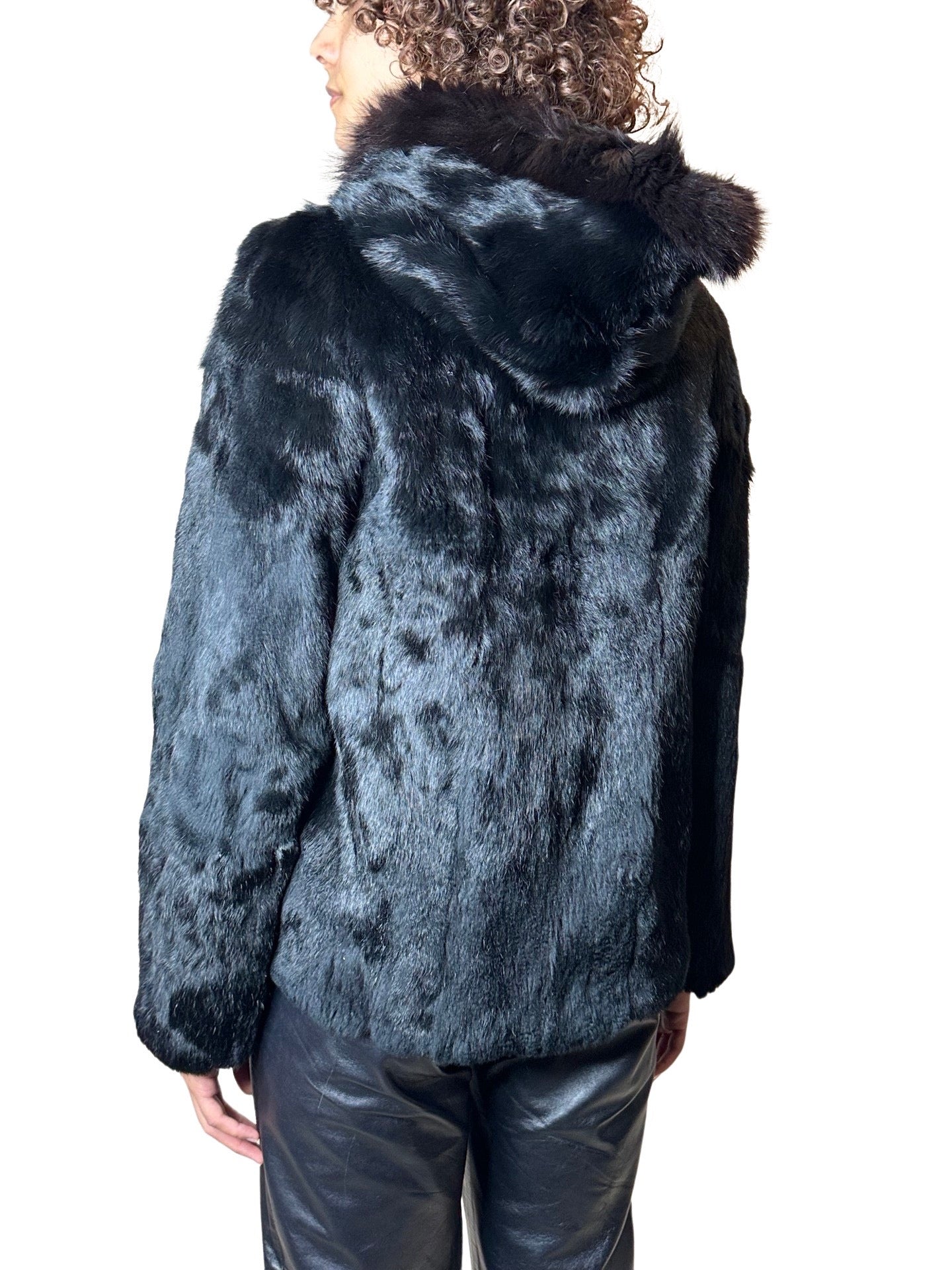 Original 1970's Vintage Black Fur Hooded Coat UK 8 - 12