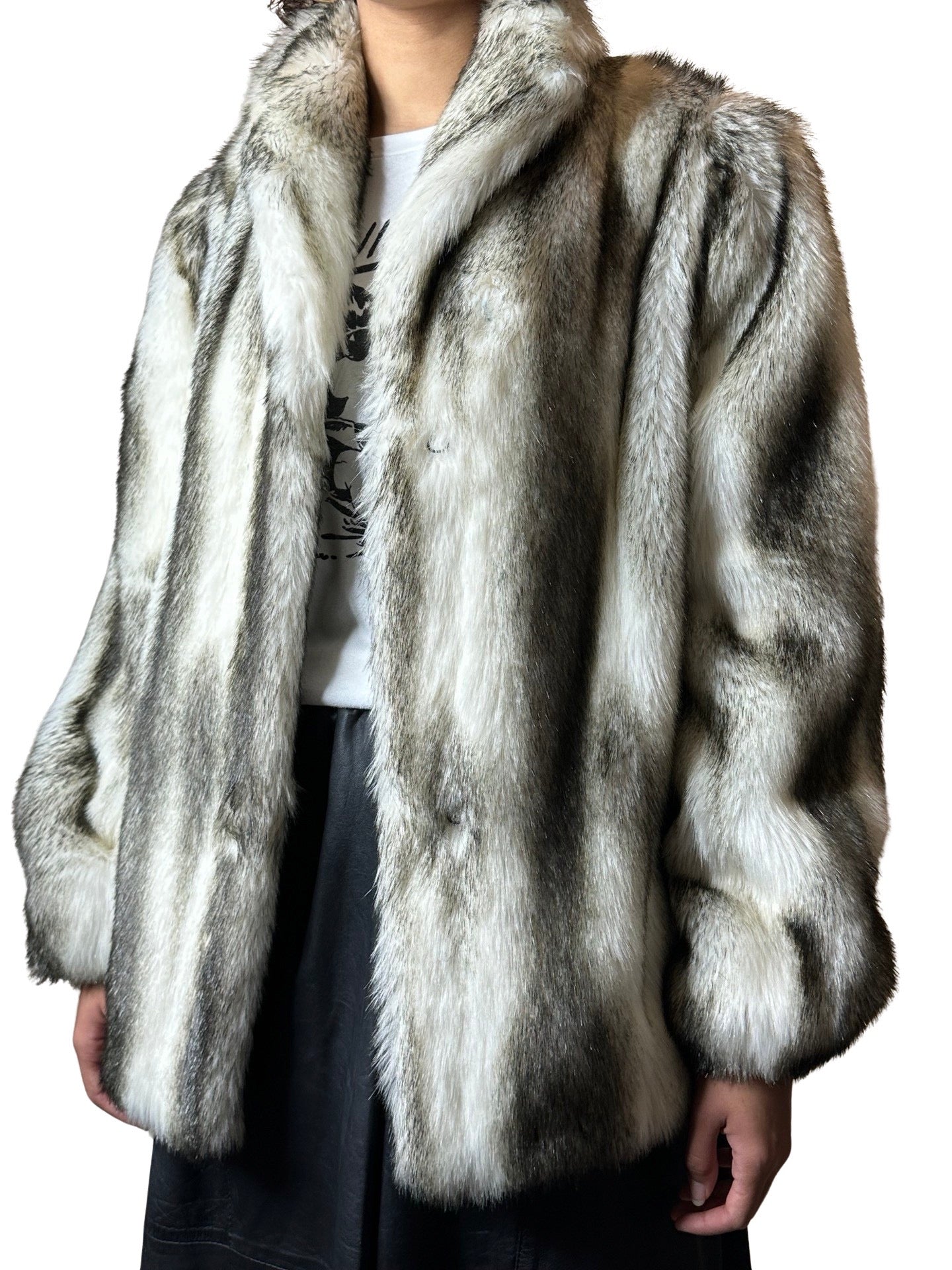 Stunning Original 1970's Vintage White / Black Faux Fur Coat UK 8 - 14