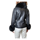 Super Cute Original Vintage 1980's Black Leather & Sheepskin Coat UK 8 - 12