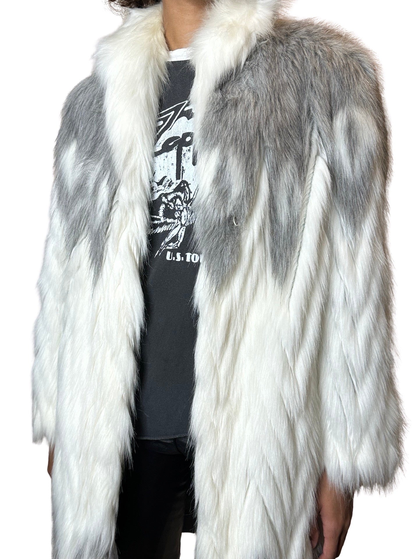 Original 1970's Vintage White / Grey Fox Faux Fur Coat UK 8 - 16
