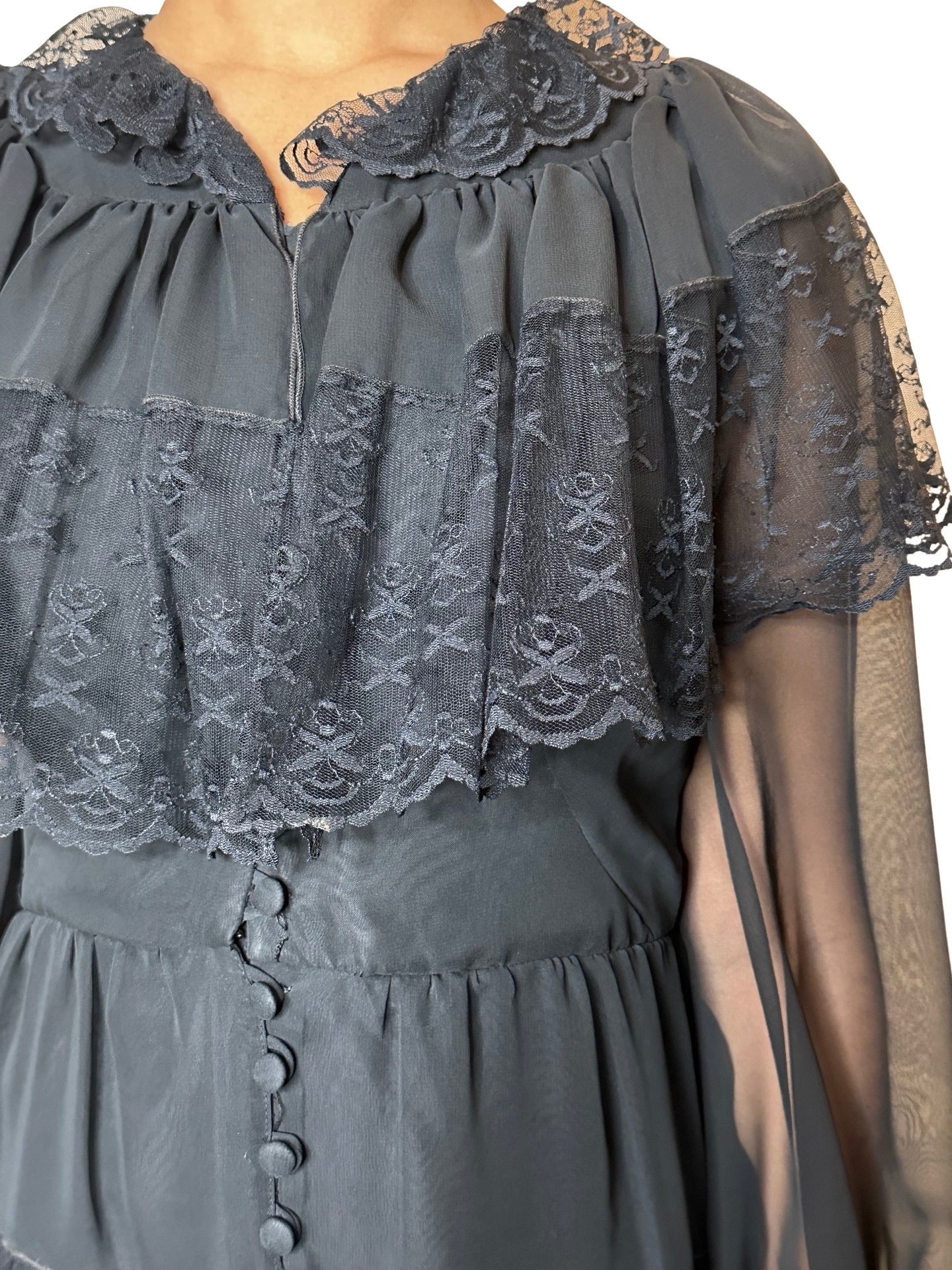 Original 1970's Vintage Black Sheer & Lace Dress UK 12 - 14