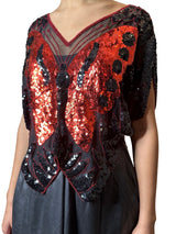Original 1970's Vintage Black / Red Sequinned Butterfly Top UK 8 - 12