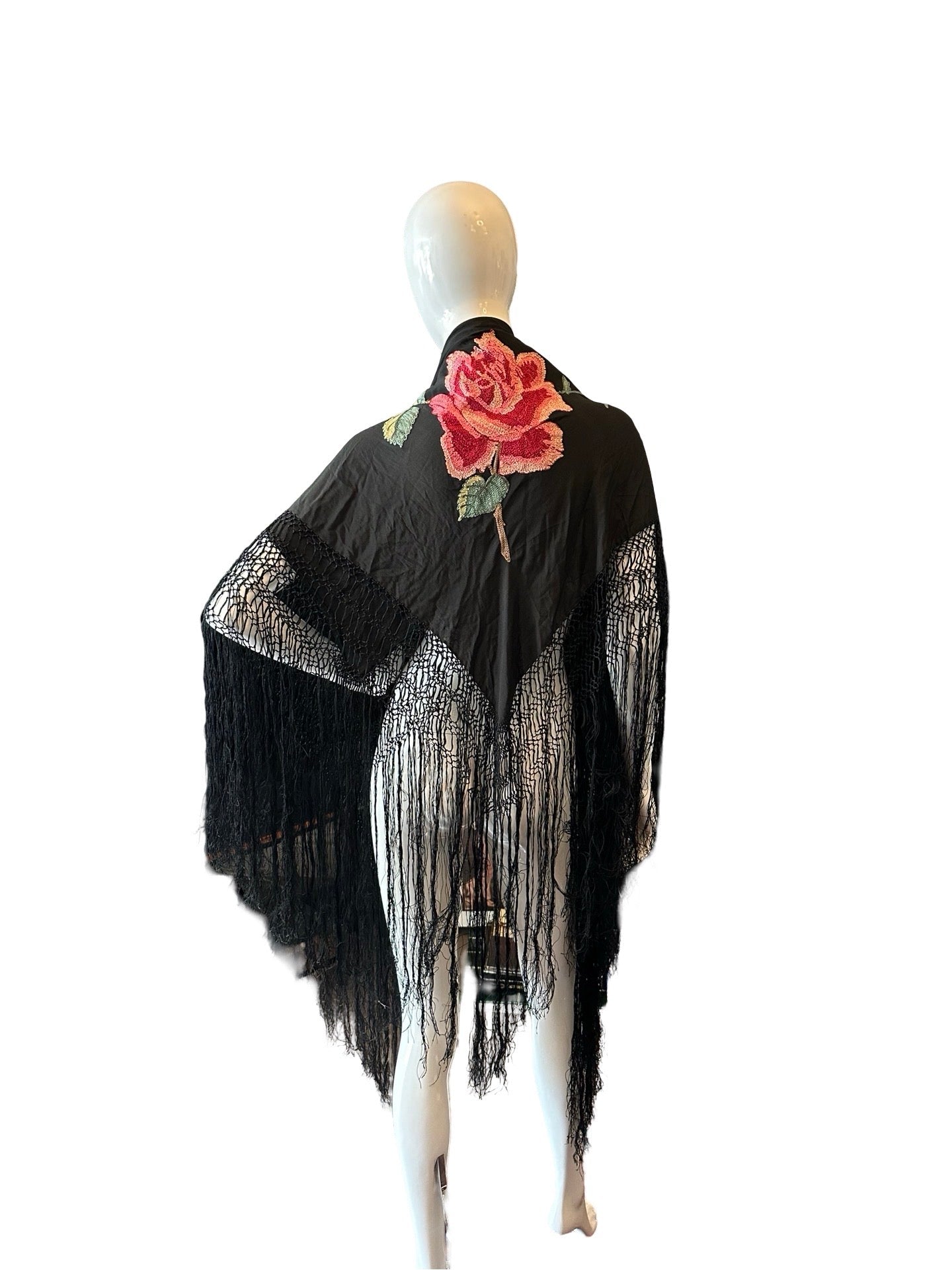 Original Vintage Black &amp; Embroidered Floral Piano Shawl 100% Silk Scarf