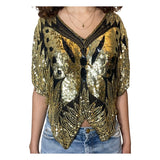 Original Vintage Late 1970's Gold & Black Silk Sequin Butterfly Top UK 6 - 14
