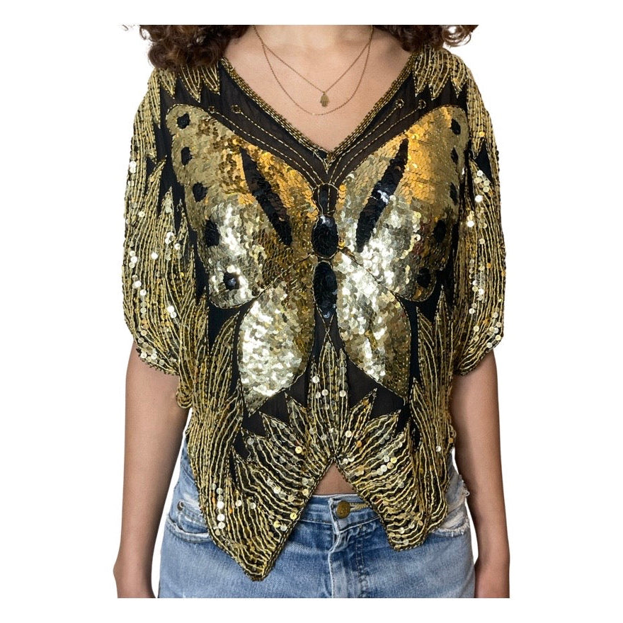 Original Vintage Late 1970's Gold & Black Silk Sequin Butterfly Top UK 6 - 14