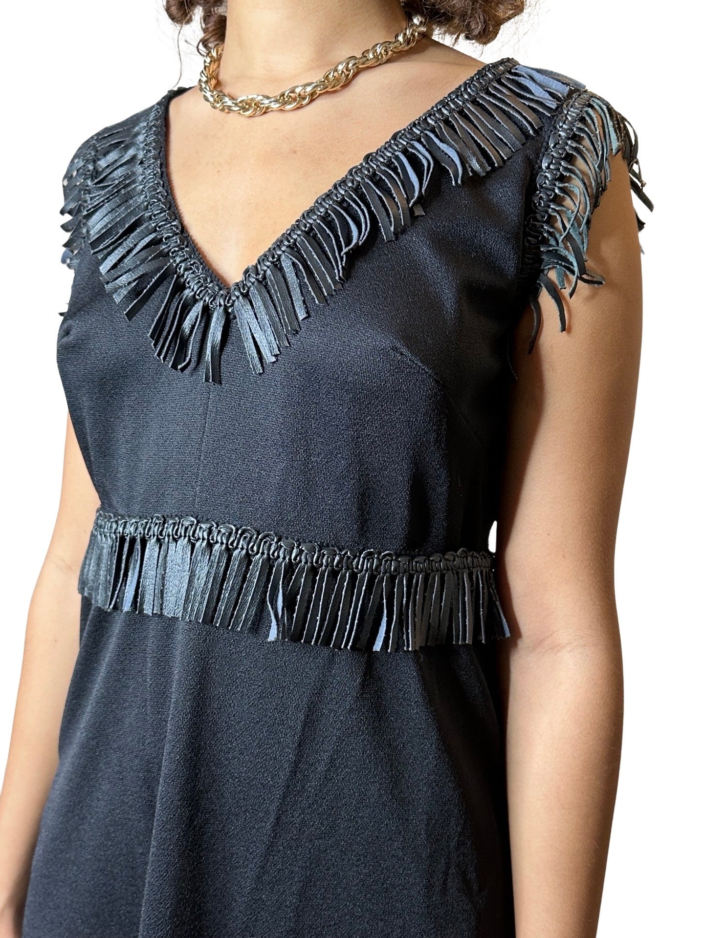 Unique Original Vintage 1970's Black & Faux Leather Detailed Maxi Dress UK 14 - 16