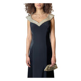Vintage 1990's Black Crepe / Satin & Silver Beaded Dress UK 12