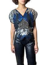 Original 1970's Vintage Black / Silver / Blue Sequinned Top UK 8 - 12
