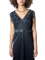 Unique Original Vintage 1970's Black & Faux Leather Detailed Maxi Dress UK 14 - 16