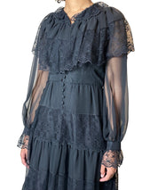 Original 1970's Vintage Black Sheer & Lace Dress UK 12 - 14