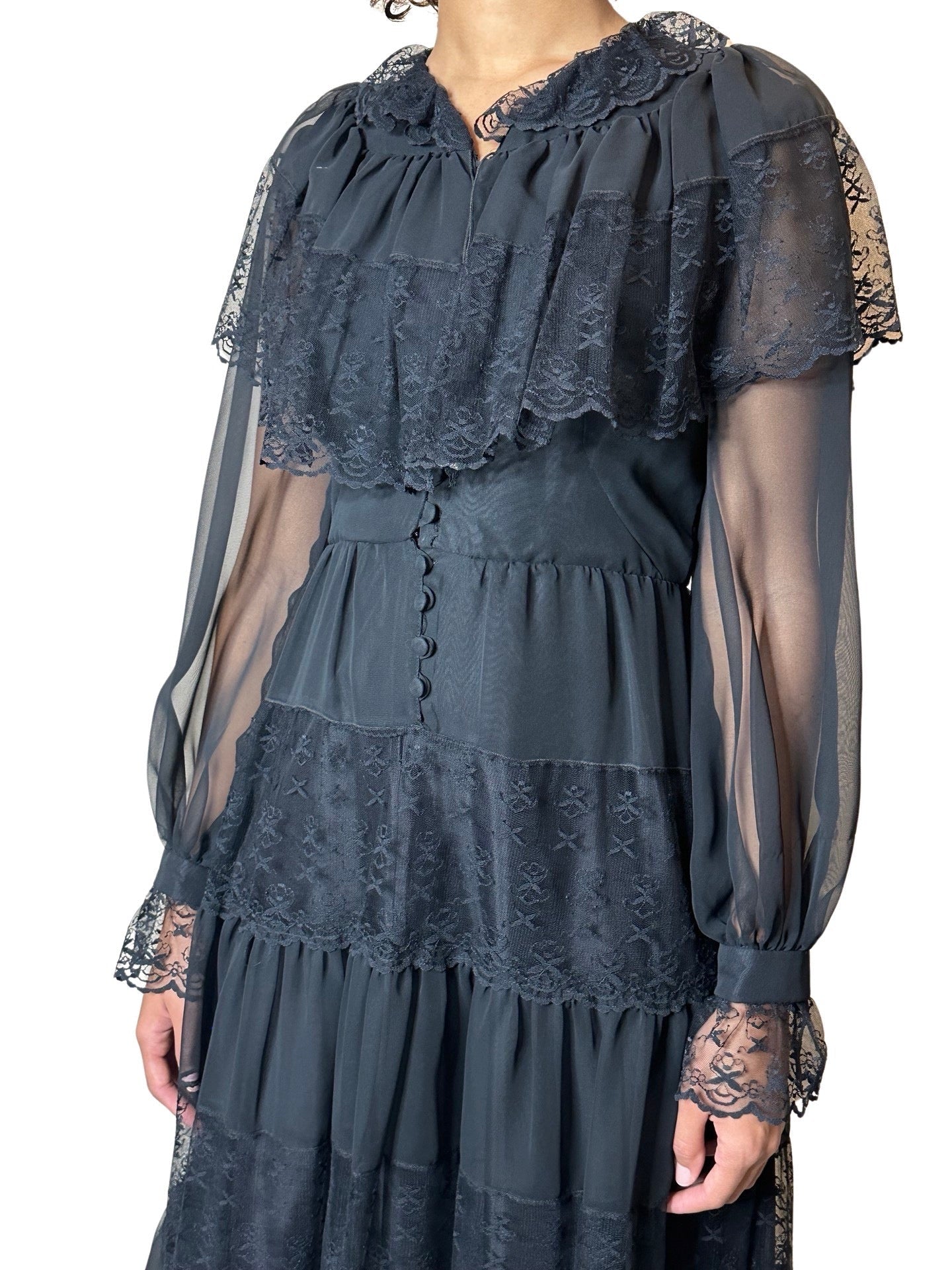 Original 1970's Vintage Black Sheer & Lace Dress UK 12 - 14