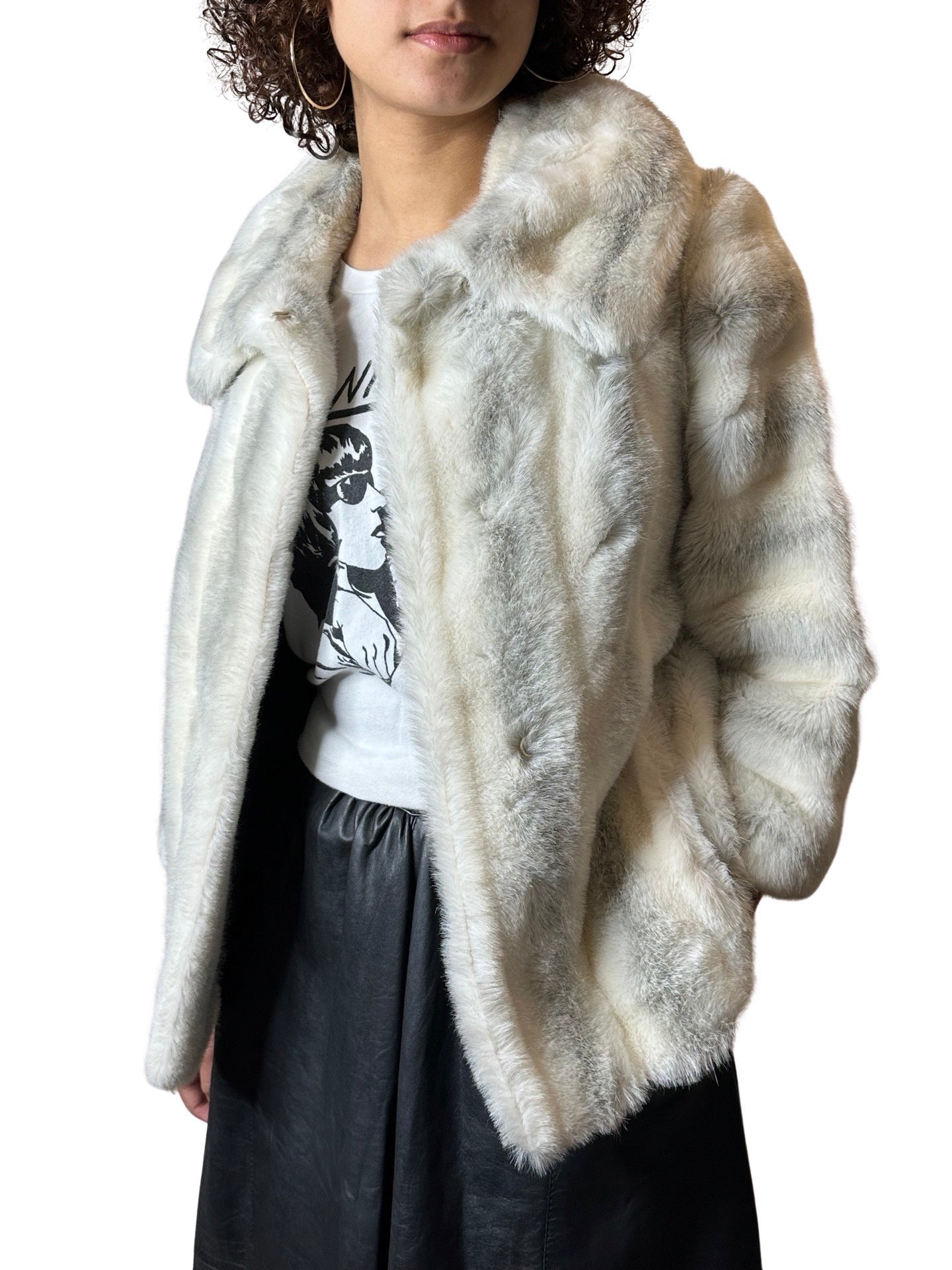 Original 1970's Vintage White & Grey Faux Fur Coat UK 8 - 12