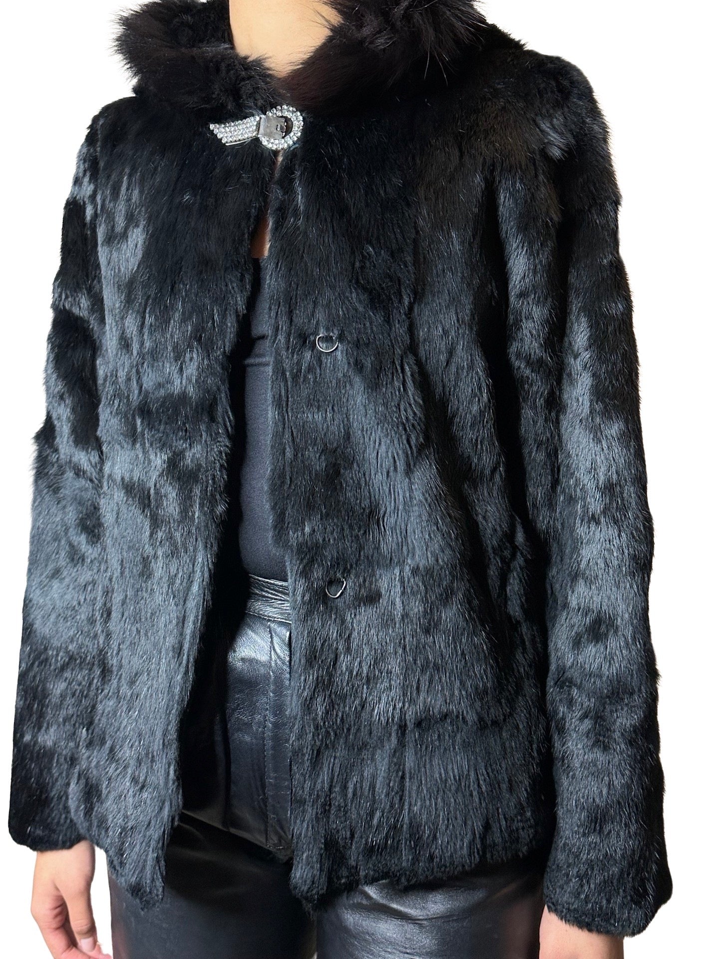 Original 1970's Vintage Black Fur Hooded Coat UK 8 - 12