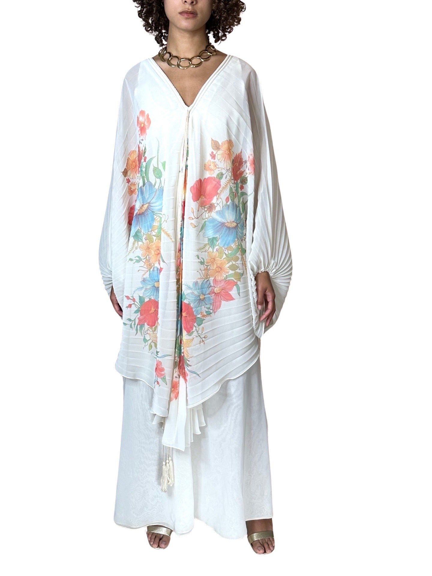 1970's Sensational Vintage Cream Floral Pleated Wedding Dress UK 8 - 14