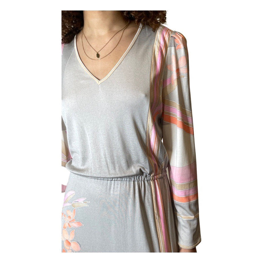 1970's Original Vintage Grey Leonard Floral Maxi Dress UK 10 -12