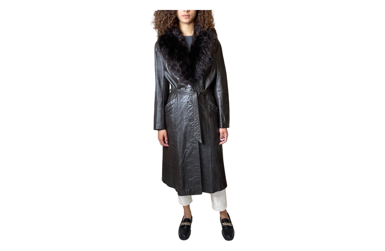 Lovely Original 1970's Vintage Brown Leather & Sheepskin Coat UK 12 - 16