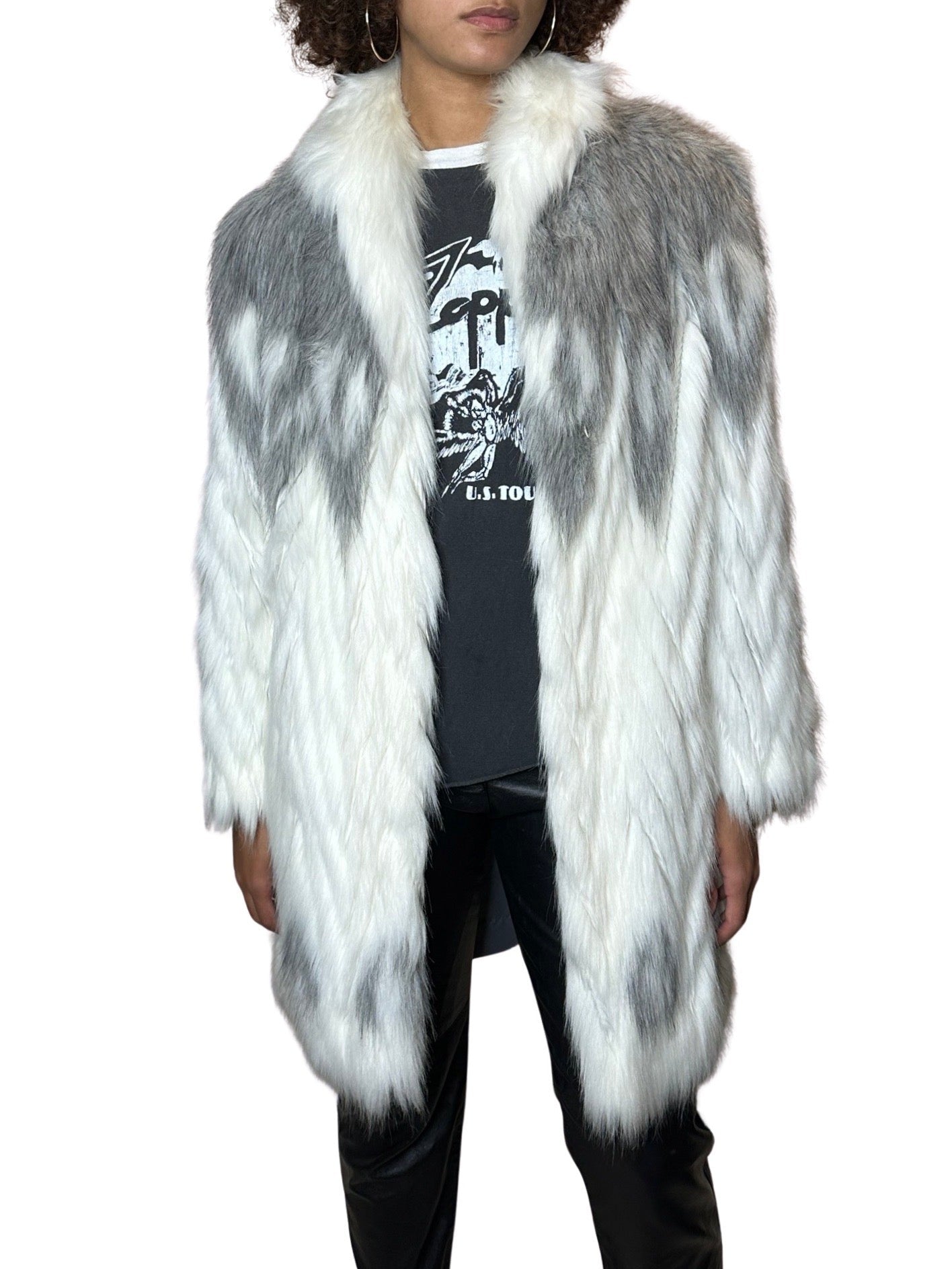 Original 1970's Vintage White / Grey Fox Faux Fur Coat UK 8 - 16