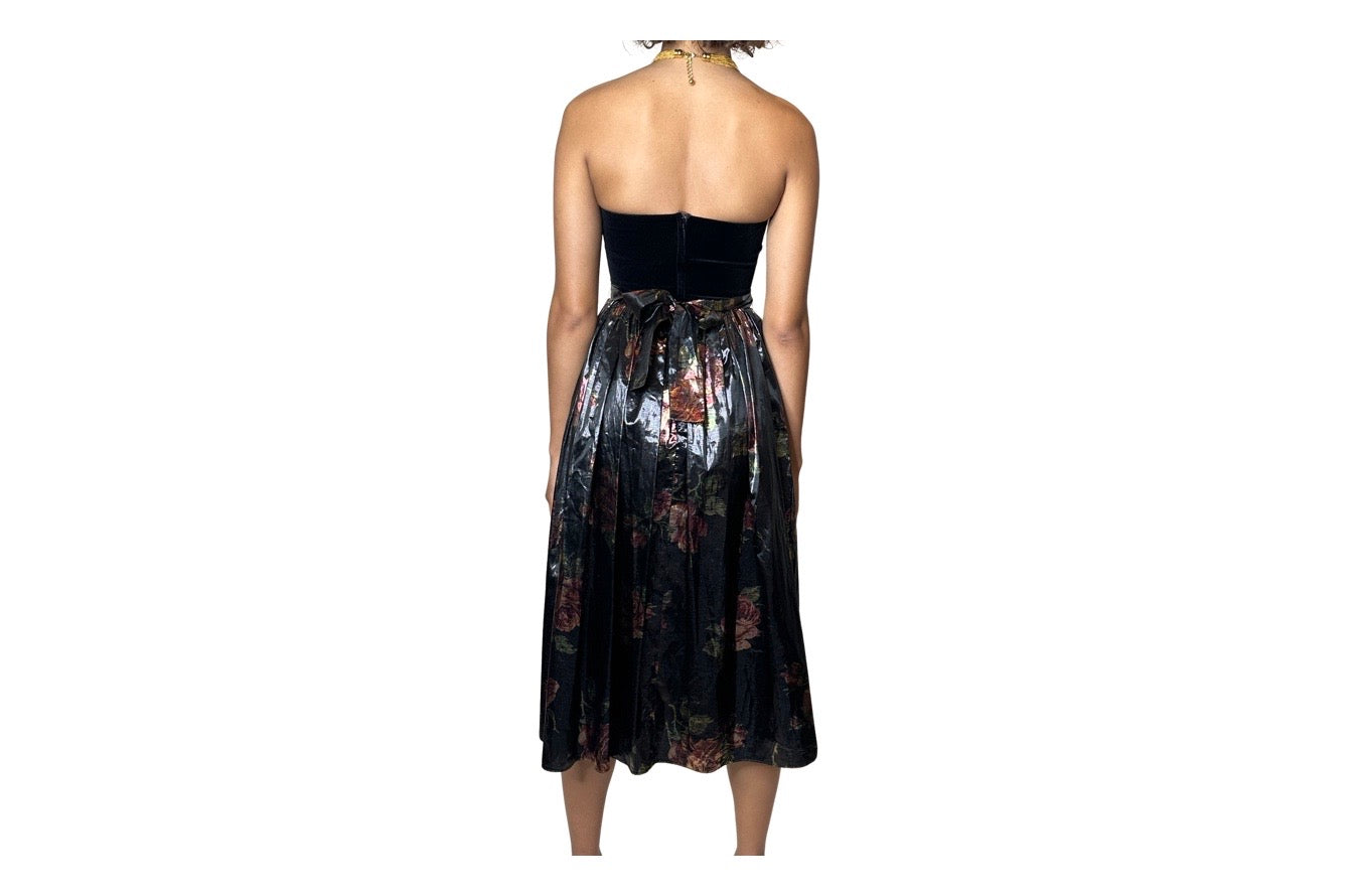 Original 1970's Vintage Black Velvet & Bronze Floral Print Dress by Radley UK 8 - 12