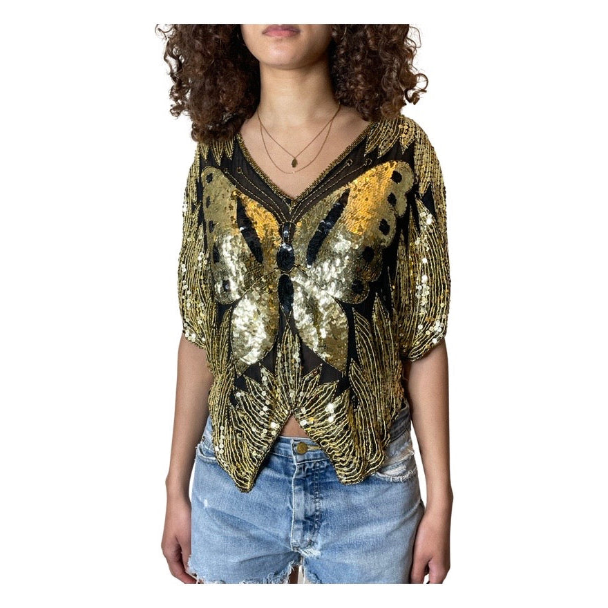 Original Vintage Late 1970's Gold & Black Silk Sequin Butterfly Top UK 6 - 14