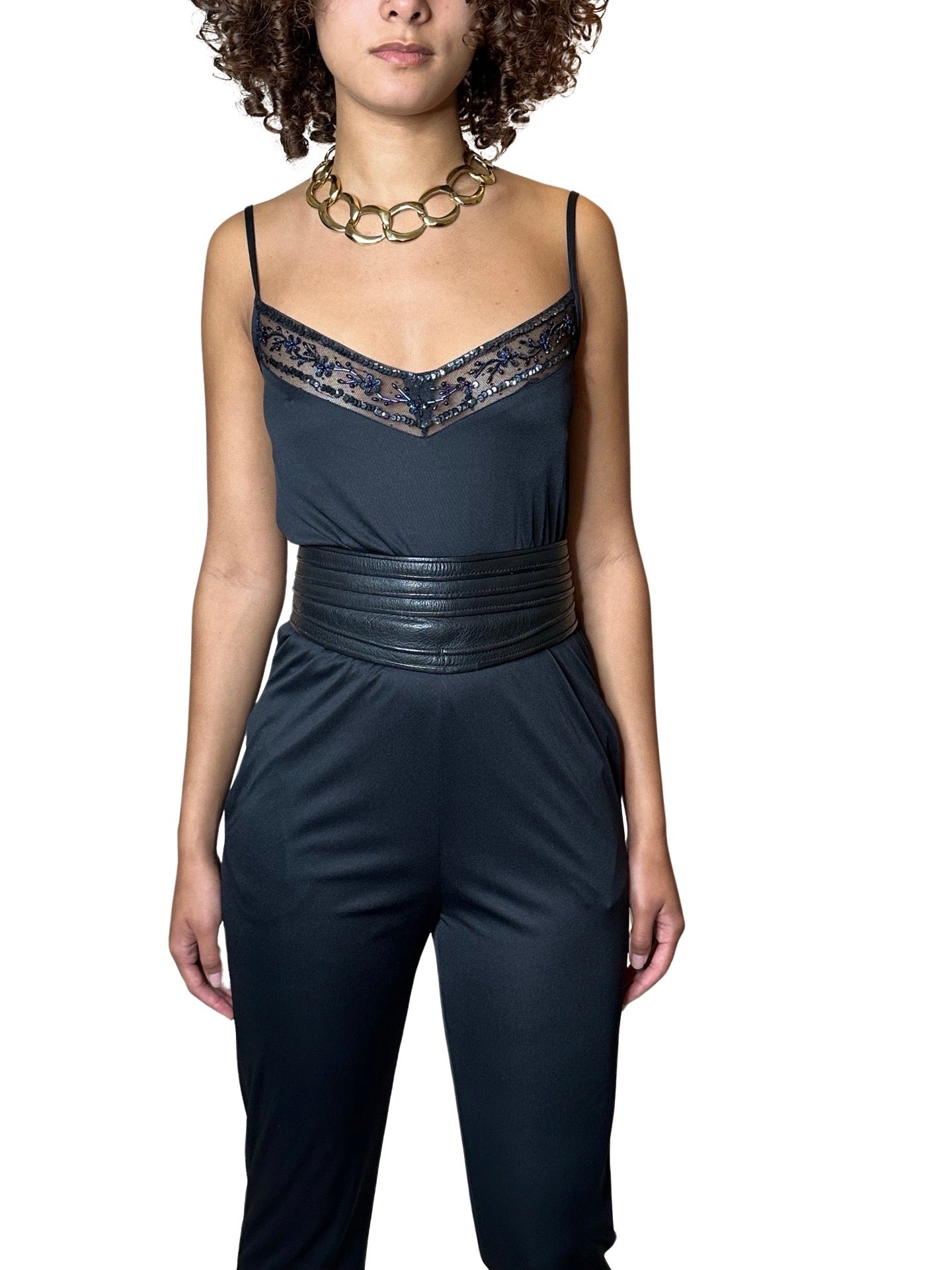 Original 1980's Vintage Black Beaded Detail Jumpsuit UK 8 - 10