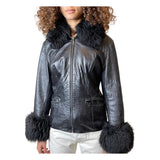 Super Cute Original Vintage 1980's Black Leather & Sheepskin Coat UK 8 - 12