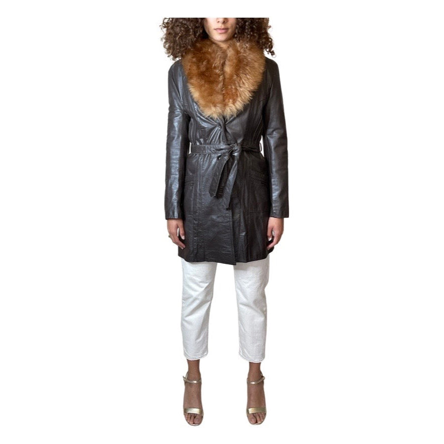 Lovely Original 1970's Vintage Brown Leather & Sheepskin Coat UK 8 - 12