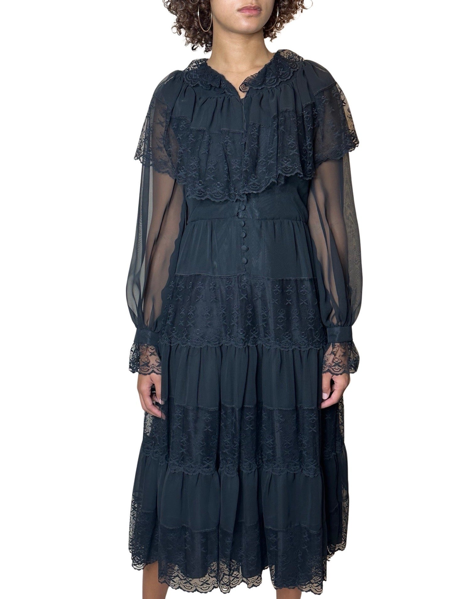 Original 1970's Vintage Black Sheer & Lace Dress UK 12 - 14