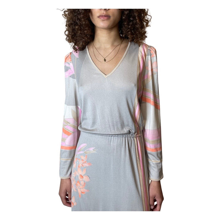 1970's Original Vintage Grey Leonard Floral Maxi Dress UK 10 -12