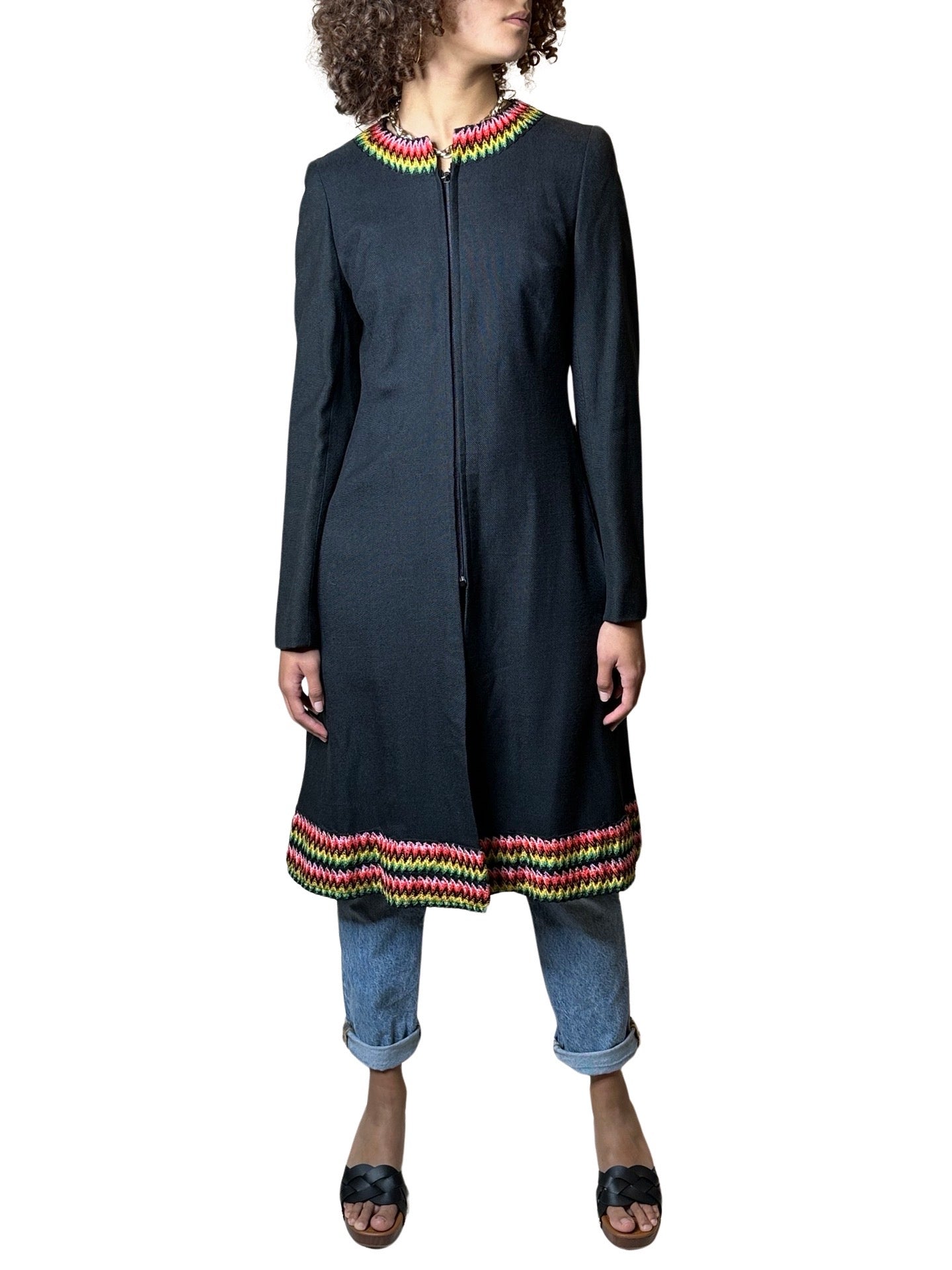 Original Vintage 1970's Black Boho / Hippie Wool Coat UK 8 - 12