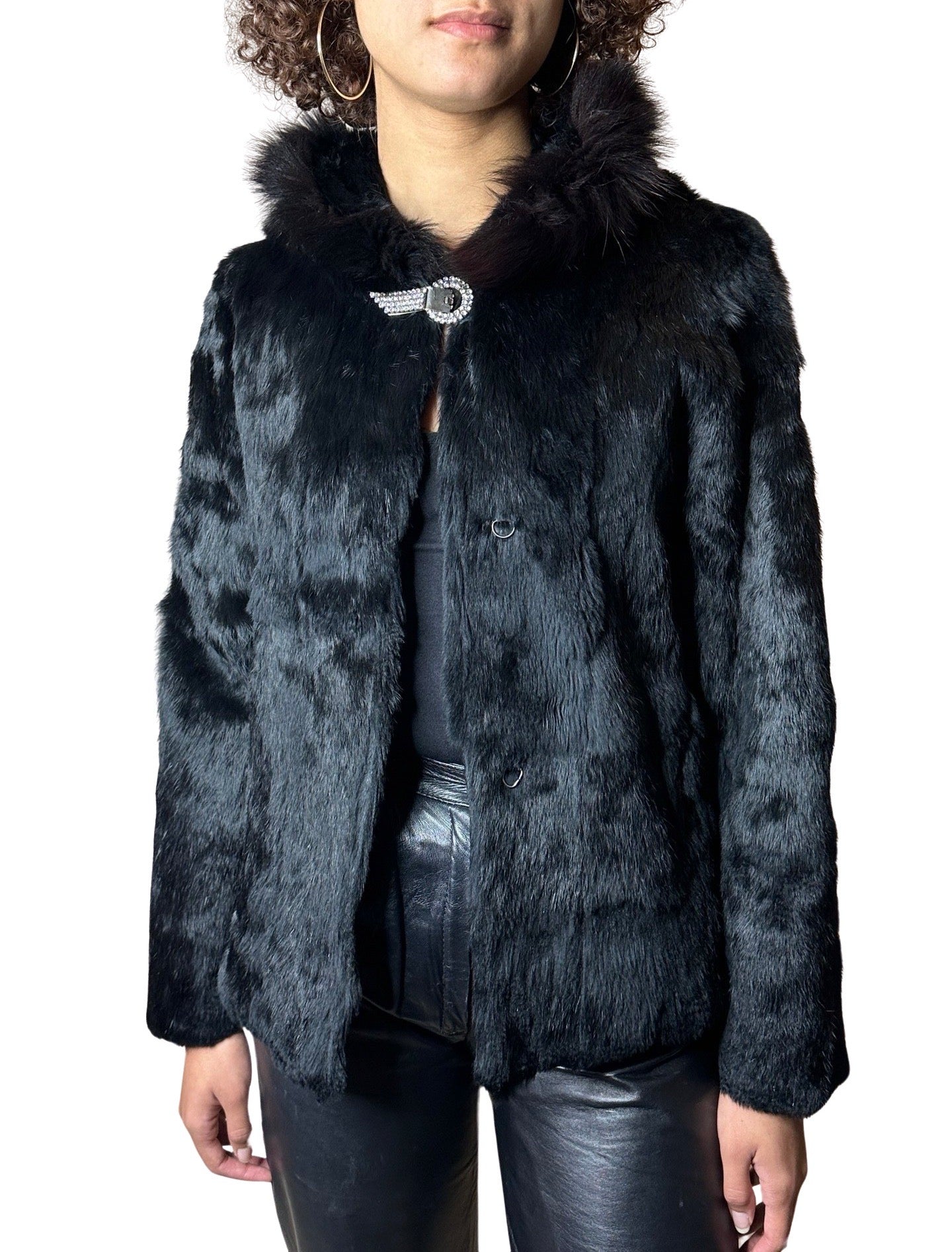 Original 1970's Vintage Black Fur Hooded Coat UK 8 - 12