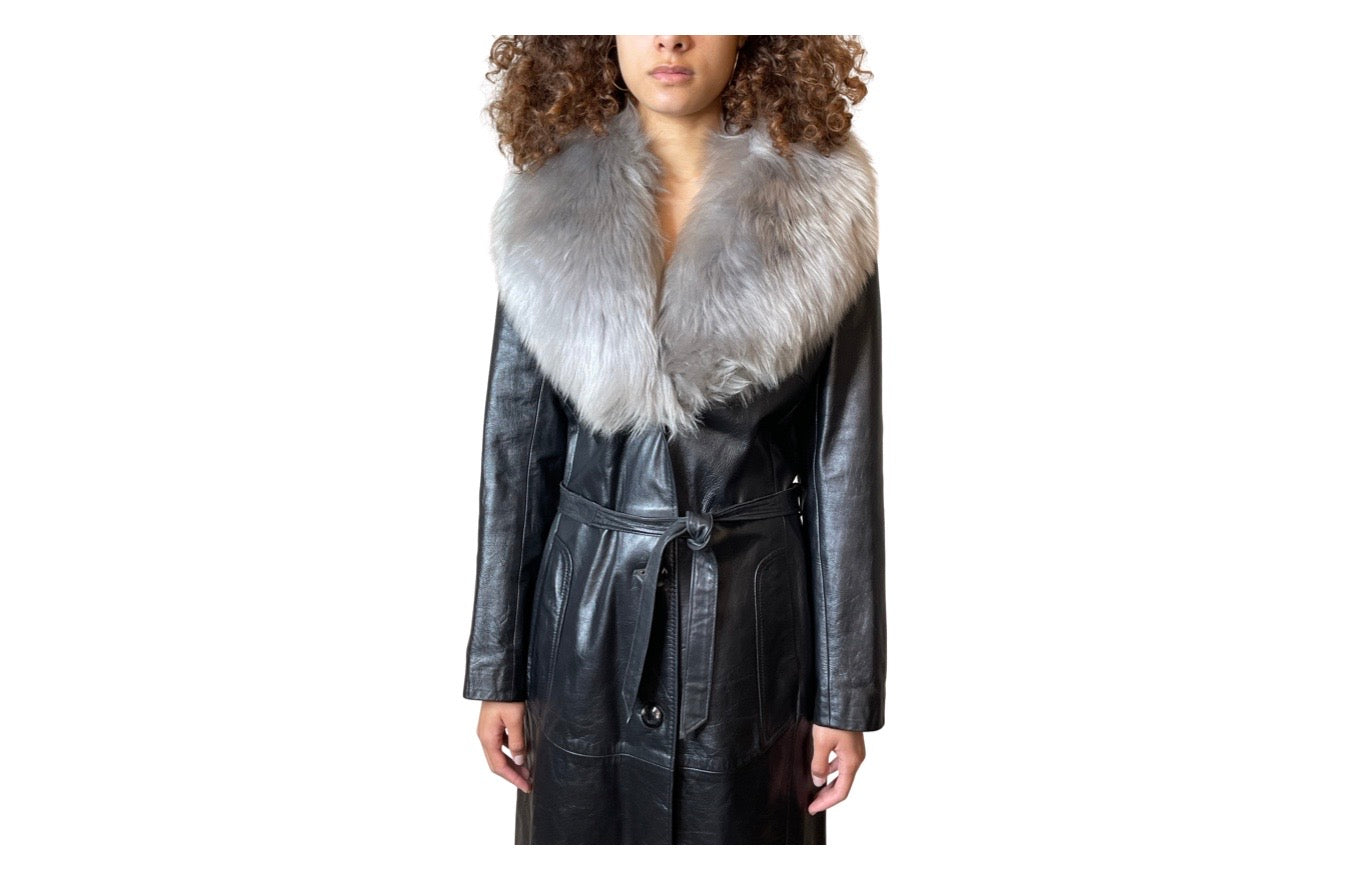 Original 1970's Vintage Black Leather & Sheepskin Coat UK 12 - 16