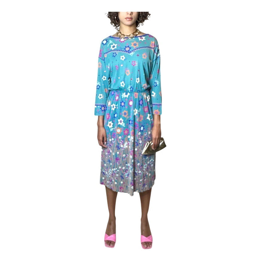 Original Vintage Virginie Paris Turquoise Floral Print Dress UK 8 - 12