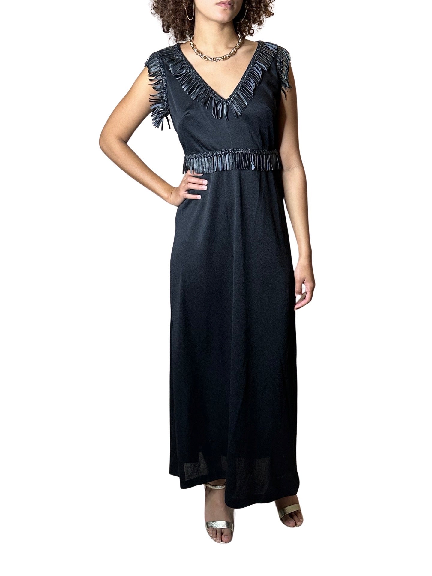 Unique Original Vintage 1970's Black & Faux Leather Detailed Maxi Dress UK 14 - 16