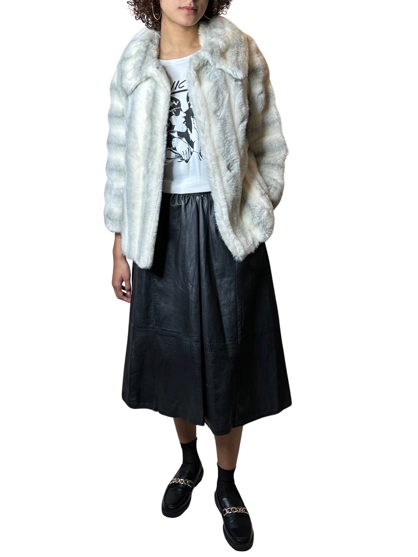 Original 1970's Vintage White & Grey Faux Fur Coat UK 8 - 12