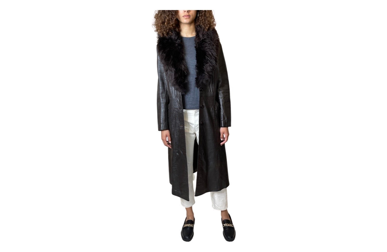 Lovely Original 1970's Vintage Brown Leather & Sheepskin Coat UK 12 - 16