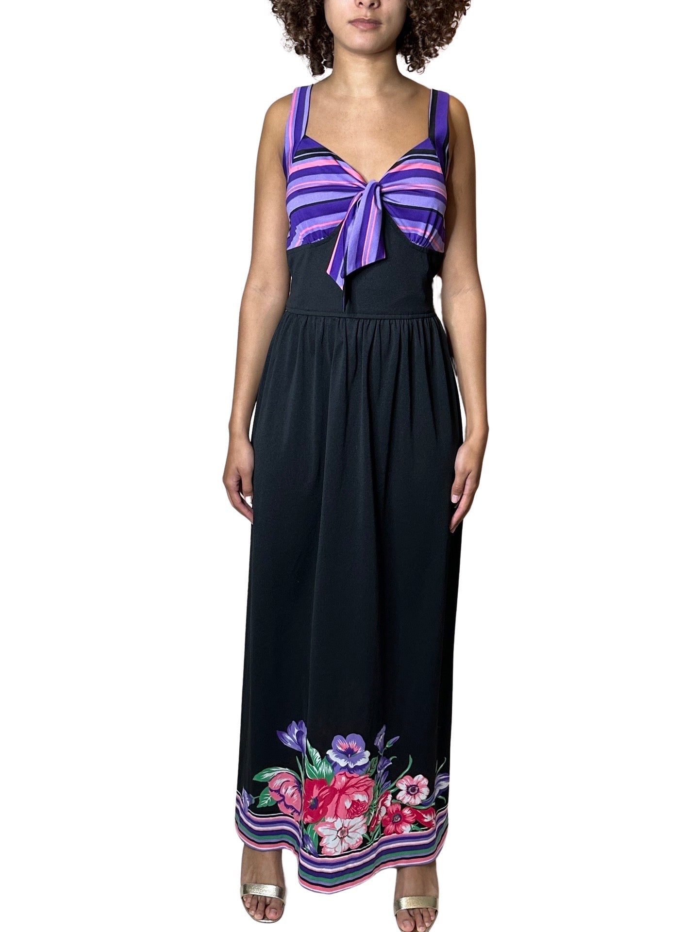 Original 1970's Vintage Black & Floral Print Maxi Dress UK 12 - 14