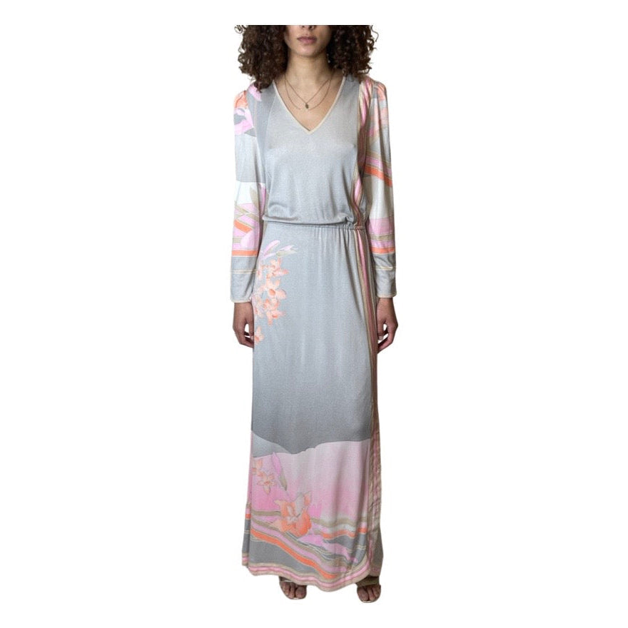 1970's Original Vintage Grey Leonard Floral Maxi Dress UK 10 -12