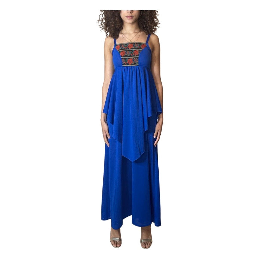 Original Beautiful 1970's Vintage Floral Trim Blue Strapped Dress UK 8 - 10