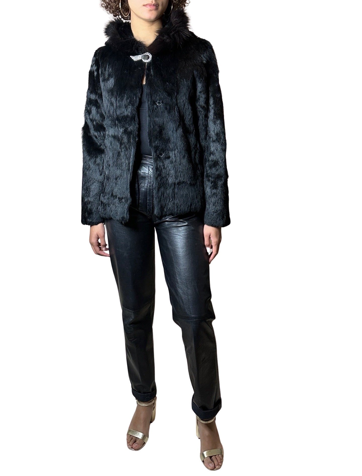 Original 1970's Vintage Black Fur Hooded Coat UK 8 - 12