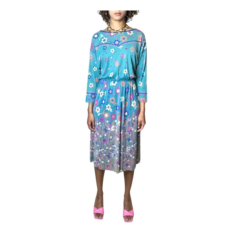 Original Vintage Virginie Paris Turquoise Floral Print Dress UK 8 - 12