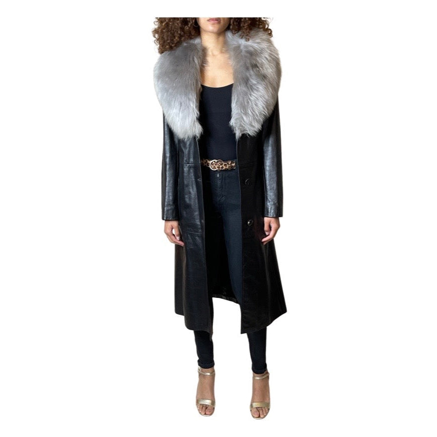 Original 1970's Vintage Black Leather & Sheepskin Coat UK 12 - 16