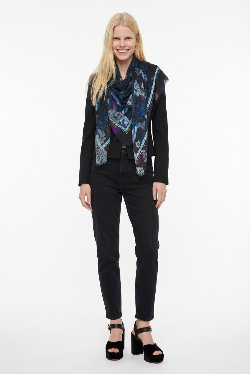VASSILISA Scarf in Midnight Blue Colour: Bunnies and Florals Print