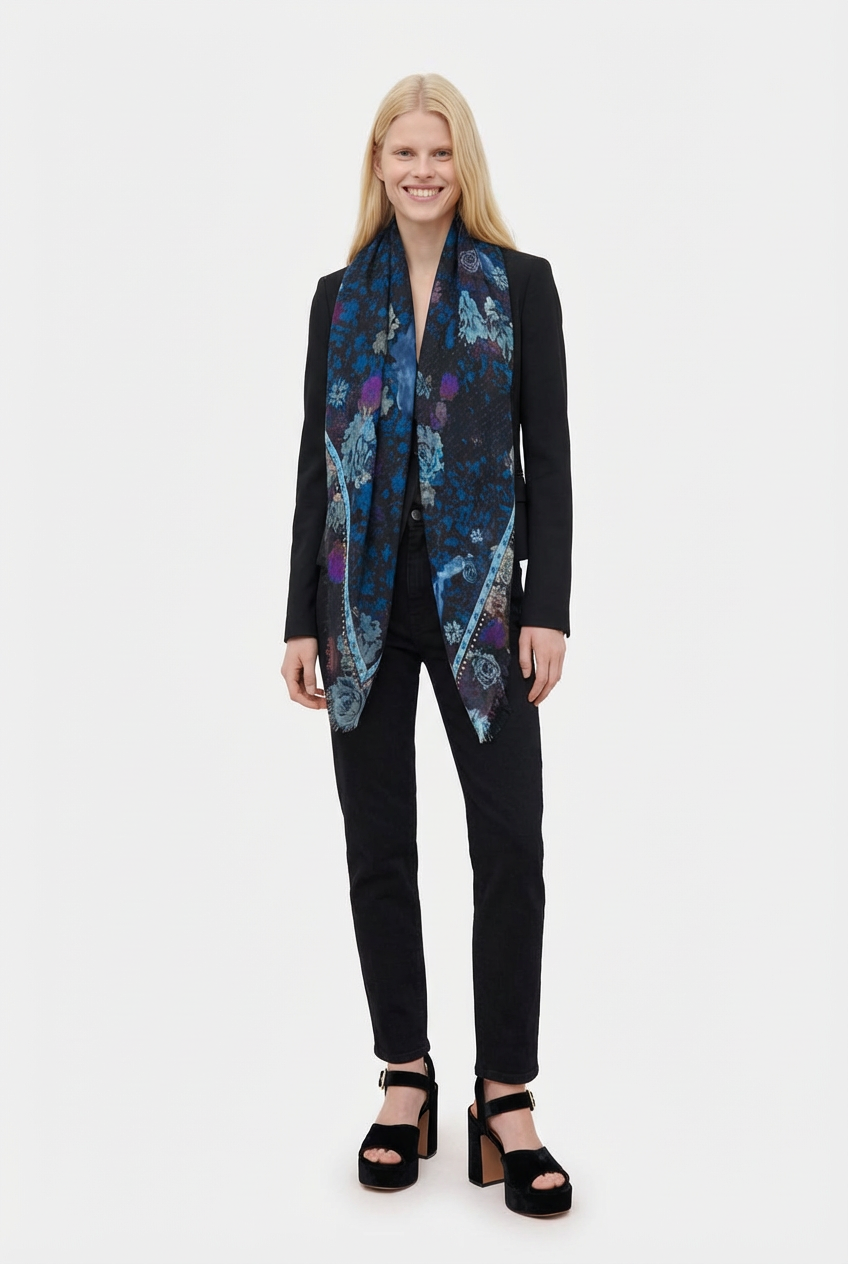 VASSILISA Scarf in Midnight Blue Colour: Bunnies and Florals Print