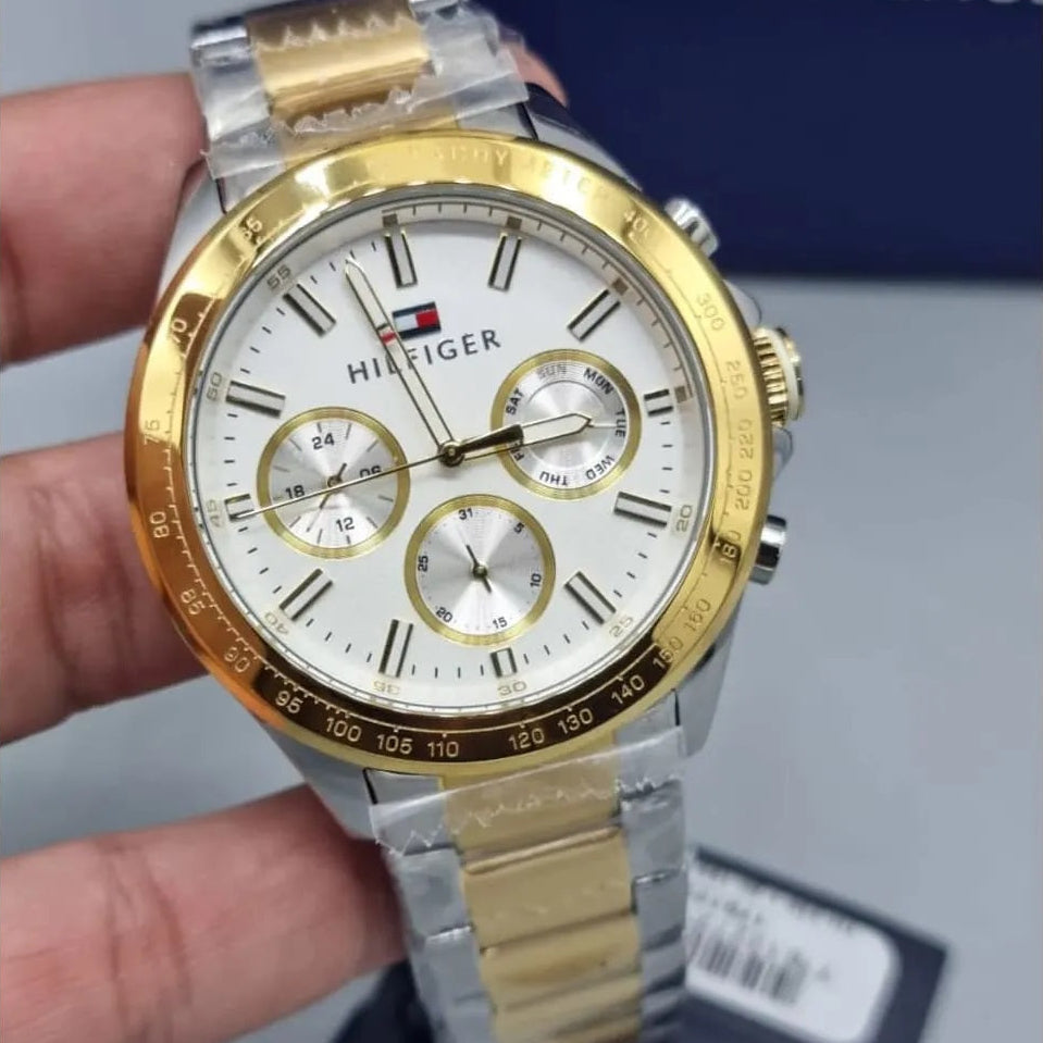 Tommy Hilfiger Men’s Watch Stainless Steel Silver And Gold Strap With White Dial 1791226