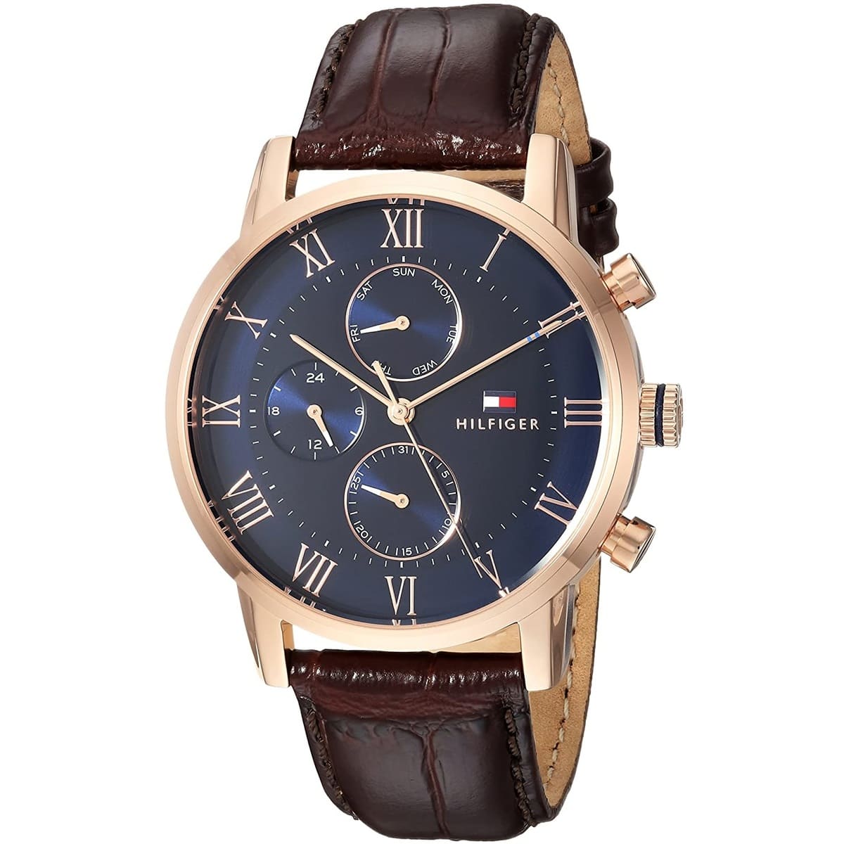 Tommy Hilfiger Men’s Watch Leather Brown Strap With Blue Dial And Gold Case 1791399