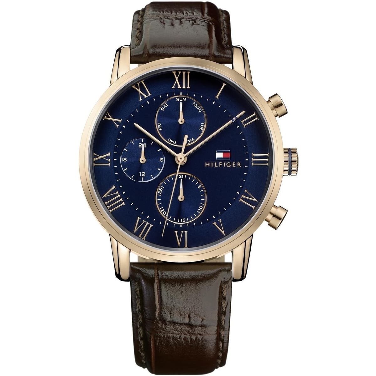 Tommy Hilfiger Men’s Watch Leather Brown Strap With Blue Dial And Gold Case 1791399